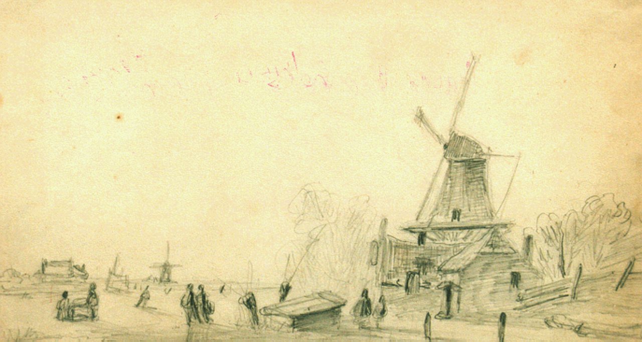 Meijier A.A. de | Anthony Andreas de Meijier, Skaters on the ice near a windmill, Bleistift auf Papier 20,0 x 32,3 cm