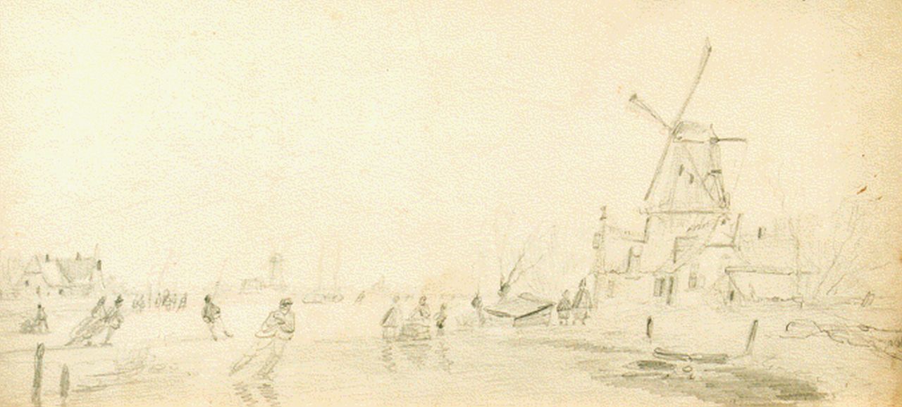 Meijier A.A. de | Anthony Andreas de Meijier, Skaters on a frozen river, Bleistift auf Papier 15,5 x 32,5 cm