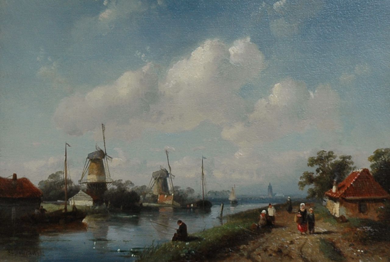 Leickert C.H.J.  | 'Charles' Henri Joseph Leickert, A river landscape with windmills, Öl auf Holz 18,0 x 26,0 cm, signed l.l.