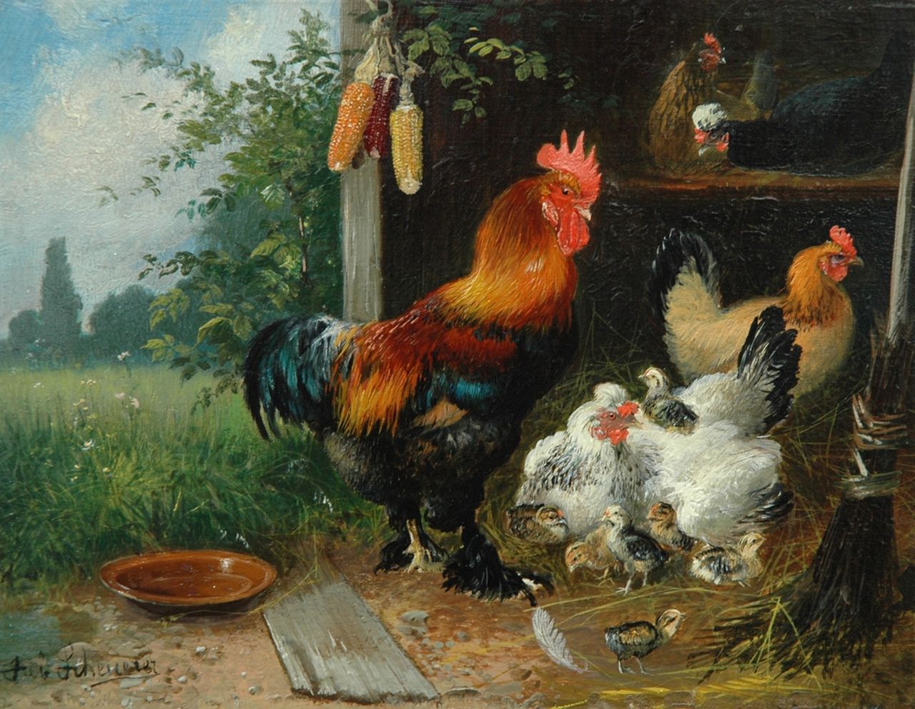 Scheuerer J.  | Julius Scheuerer, The chicken run, Öl auf Papier auf Holz 14,9 x 18,2 cm, signed l.l.