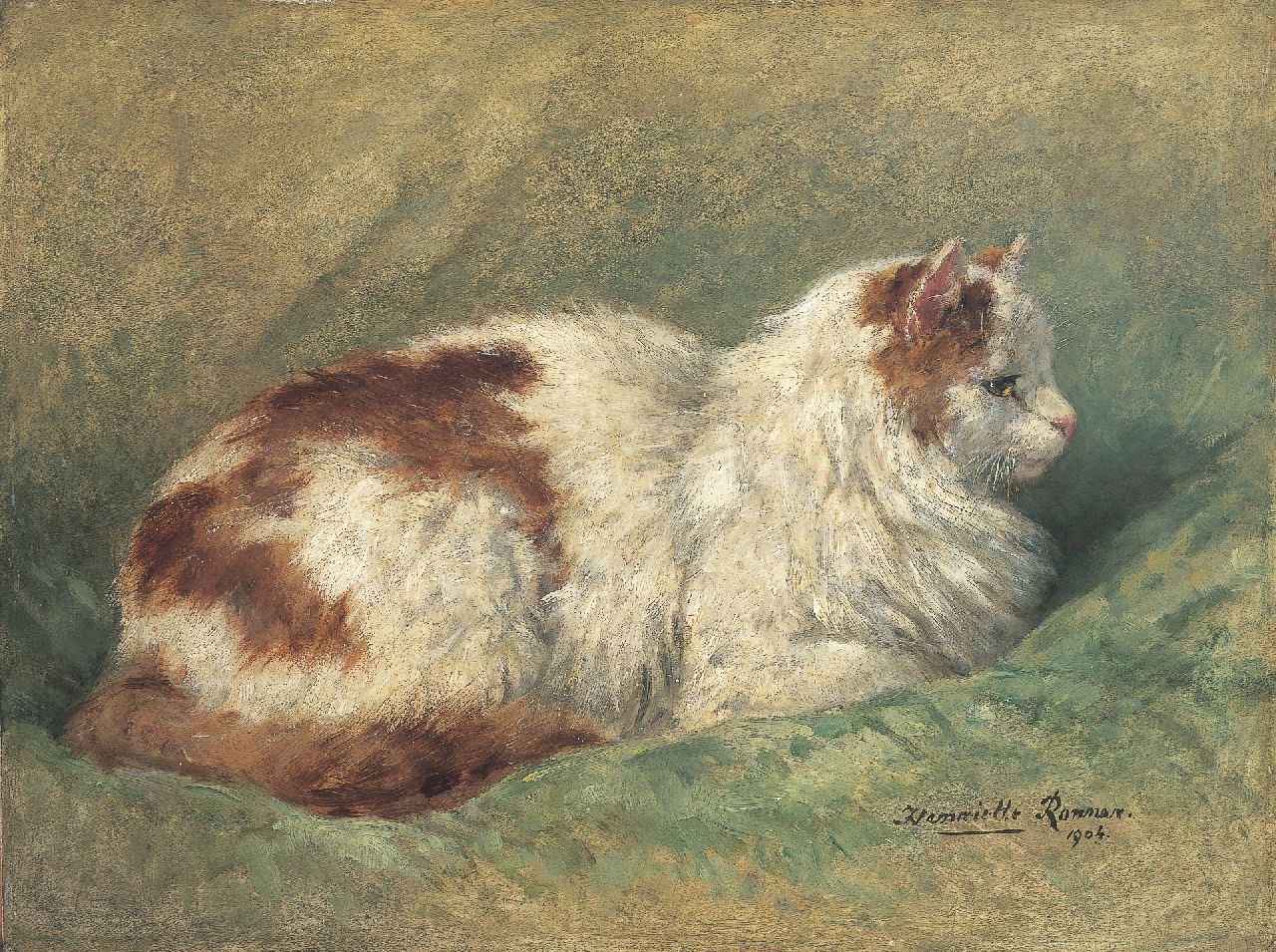 Ronner-Knip H.  | Henriette Ronner-Knip, A cat resting on a pillow, Öl auf Holz 34,8 x 46,0 cm, signed l.r. und dated 1904