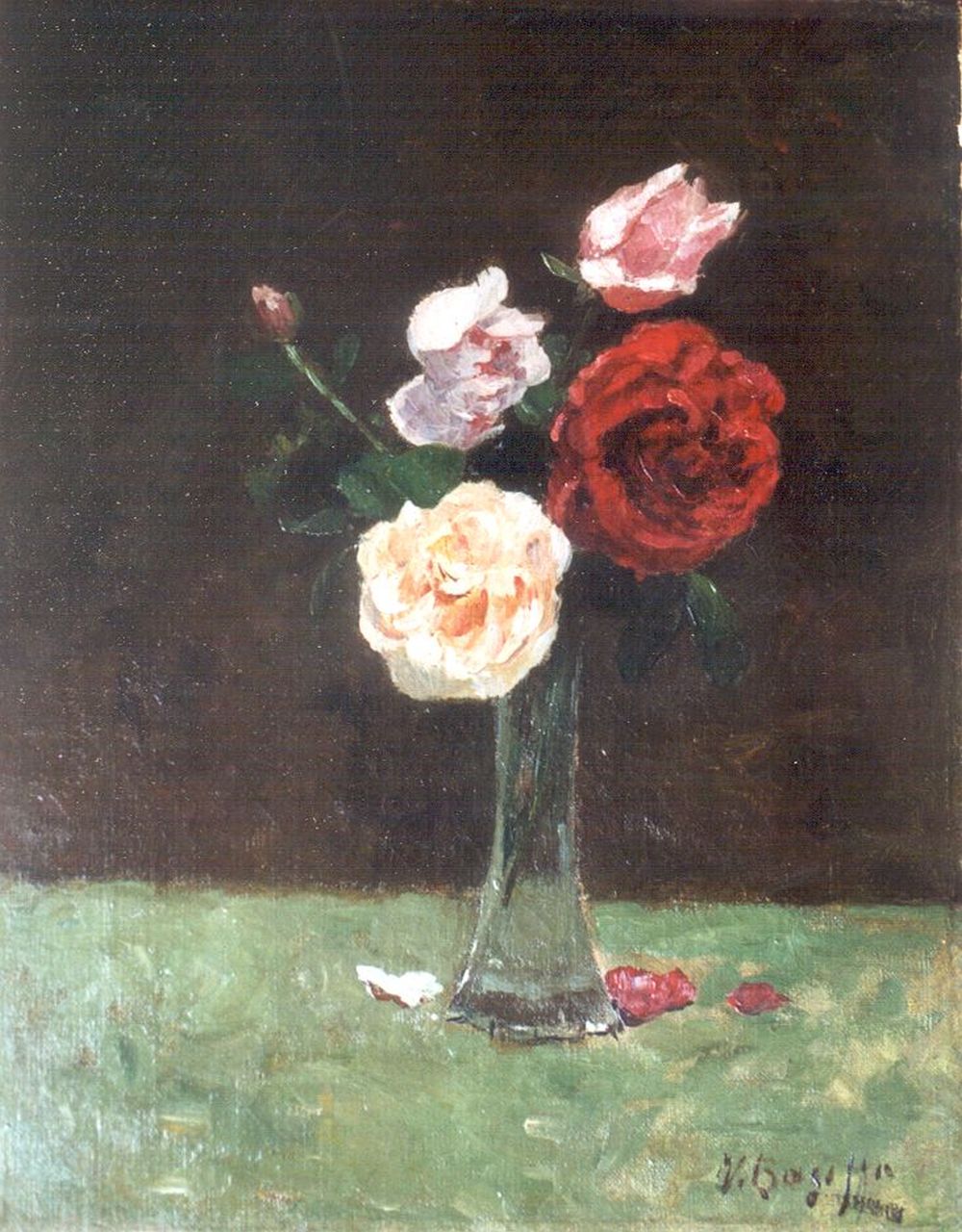 Bauffe V.  | Victor Bauffe, Roses in a glass vase, Öl auf Leinwand 38,3 x 30,3 cm, signed l.r.