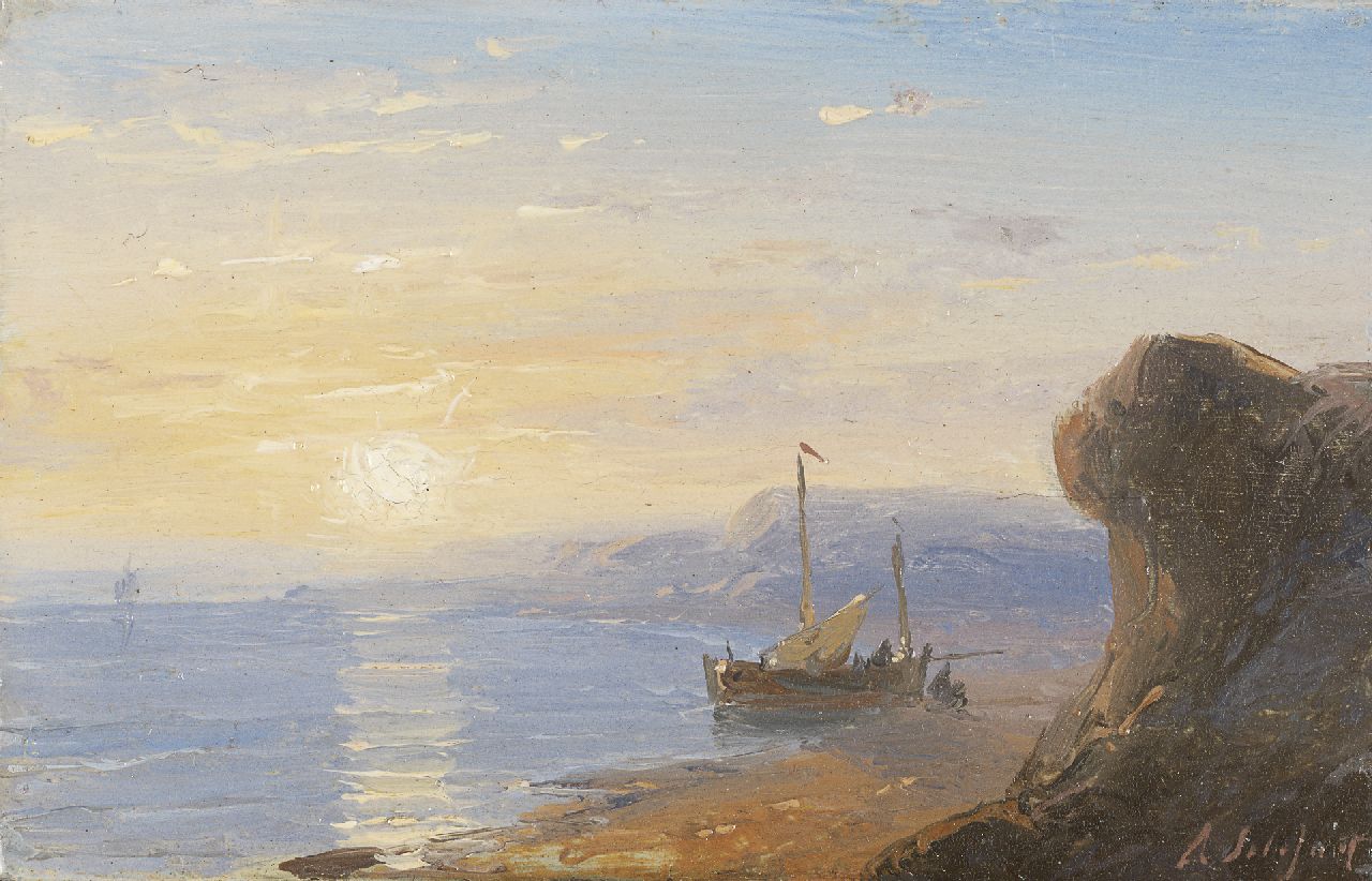 Schelfhout A.  | Andreas Schelfhout, The Normandy coast at sunset, Öl auf Kupfer 5,8 x 9,1 cm, signed l.r. und painted between 1845-1849