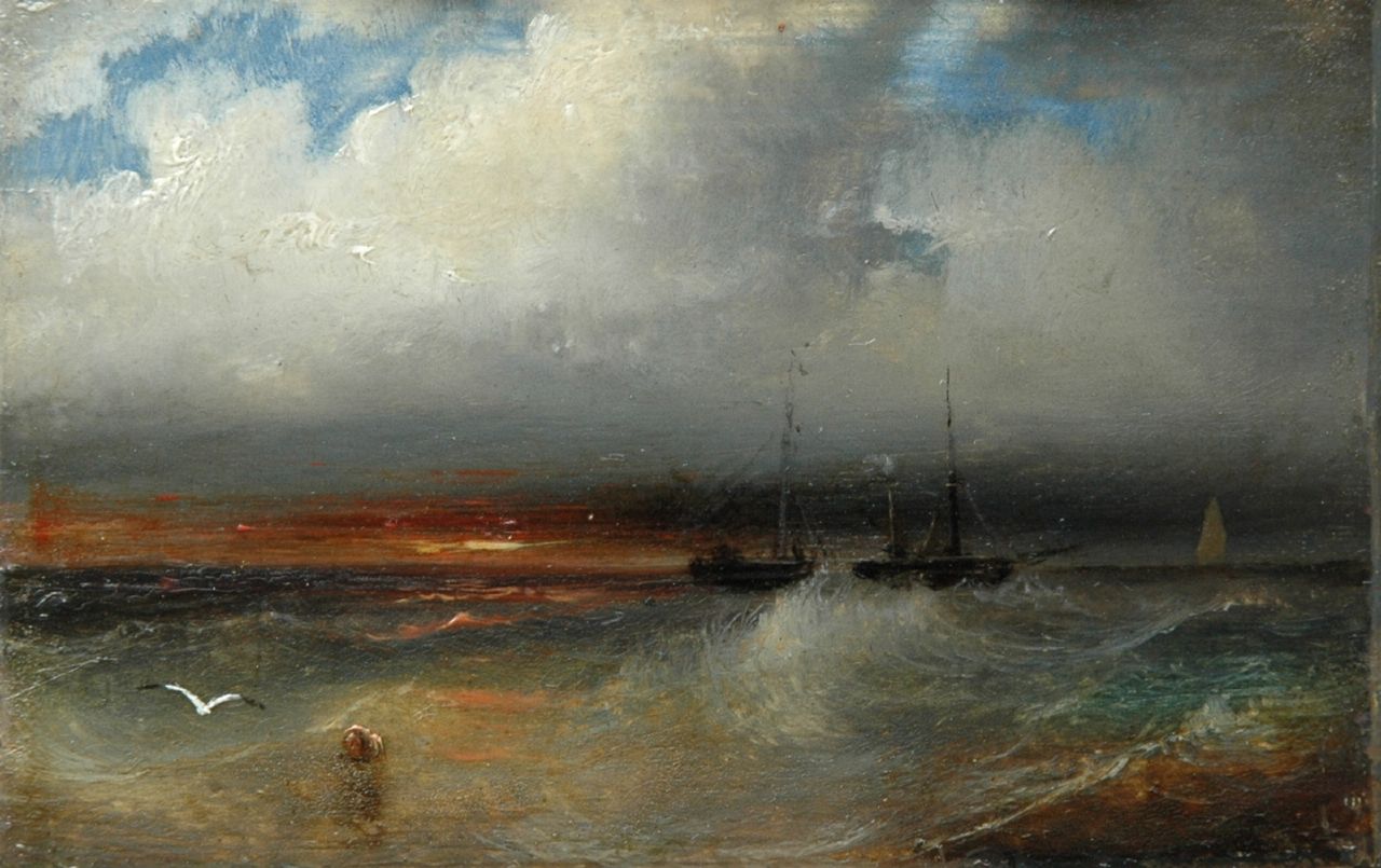 Schelfhout A.  | Andreas Schelfhout, Sunset at sea, Öl auf Kupfer 6,2 x 9,4 cm, signed on the reverse und painted between 1845-1849