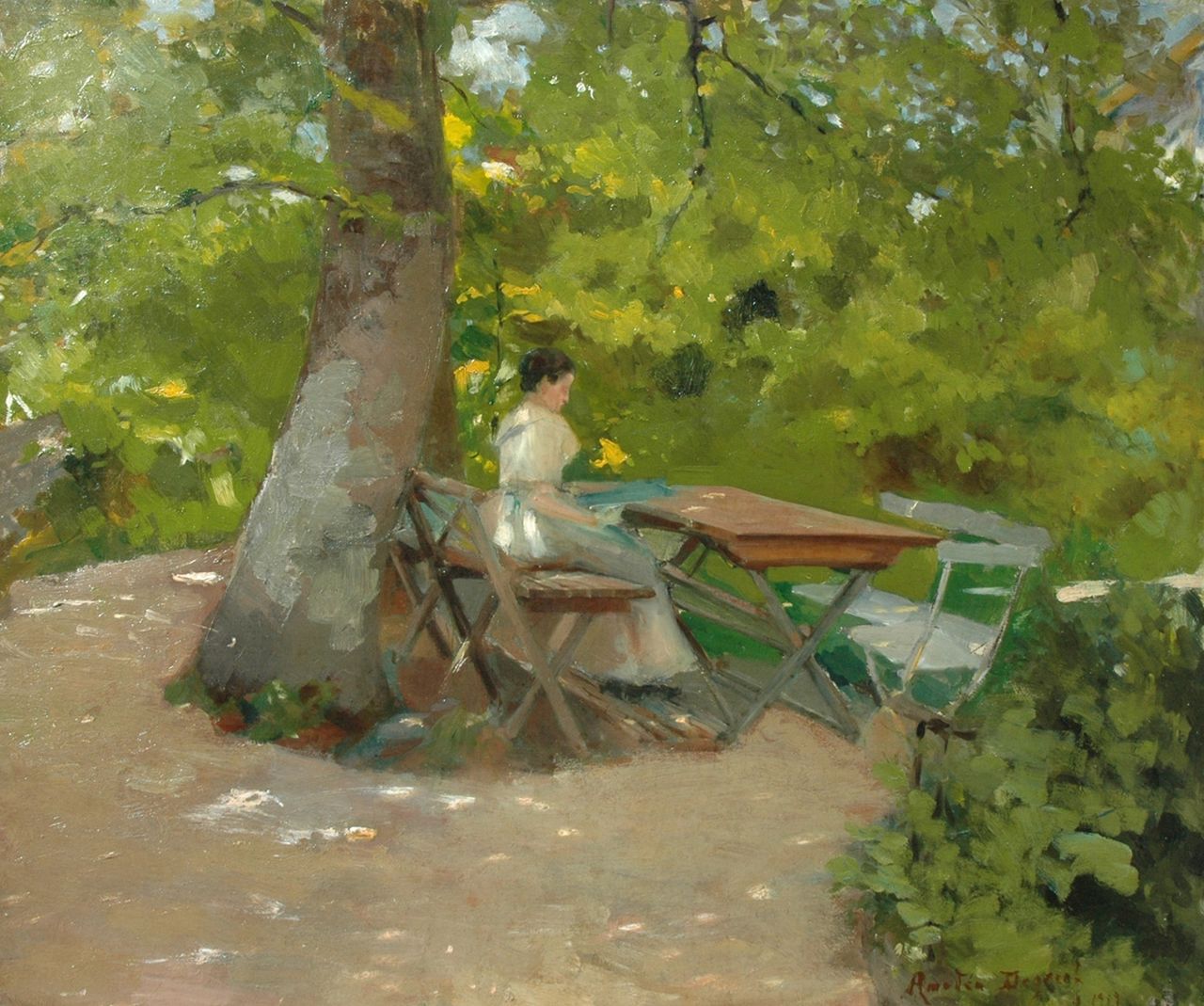 Degreef A.  | Amédée Degreef, A young woman reading in the garden, Öl auf Leinwand 50,4 x 60,2 cm, signed l.r. und dated 1919