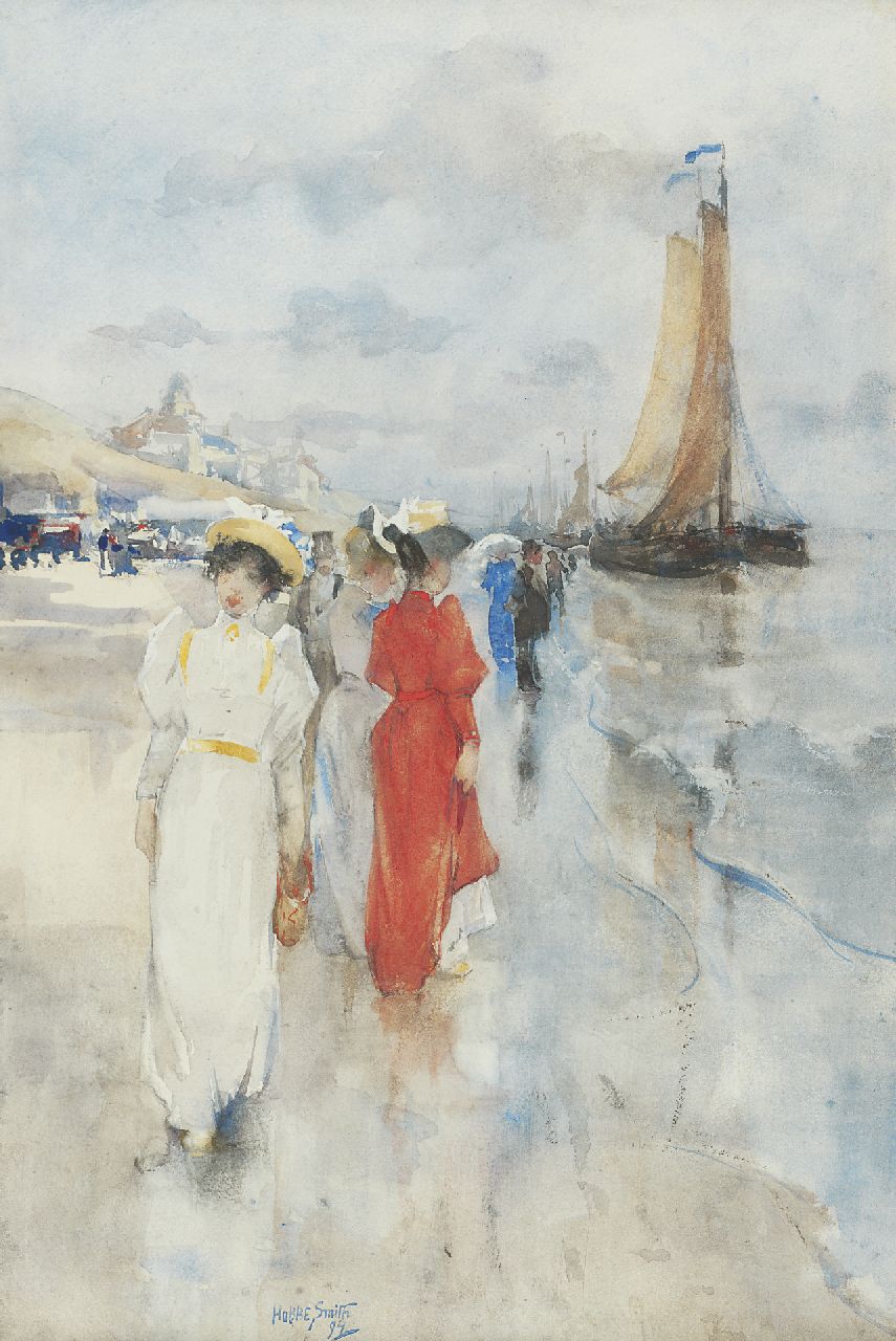 Smith H.  | Hobbe Smith, Elegant ladies strolling on the beach, Scheveningen, Aquarell auf Papier 45,9 x 30,4 cm, signed l.l.c. und dated '94