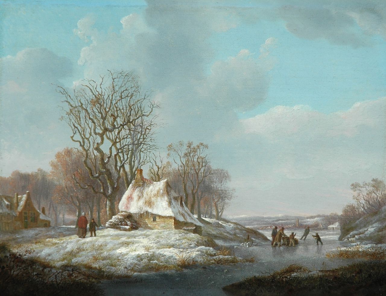 Barnouw N.  | Nicolaas Barnouw, A winterlandscape with farmer's cottages and skaters, Öl auf Holz 21,5 x 27,8 cm, signed l.l.c.