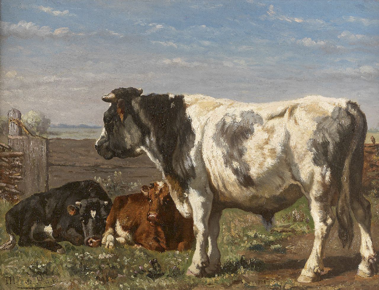 Haas J.H.L. de | Johannes Hubertus Leonardus de Haas, A bull and calves in a summer landscape, Öl auf Leinwand 39,0 x 50,7 cm, signed l.l.