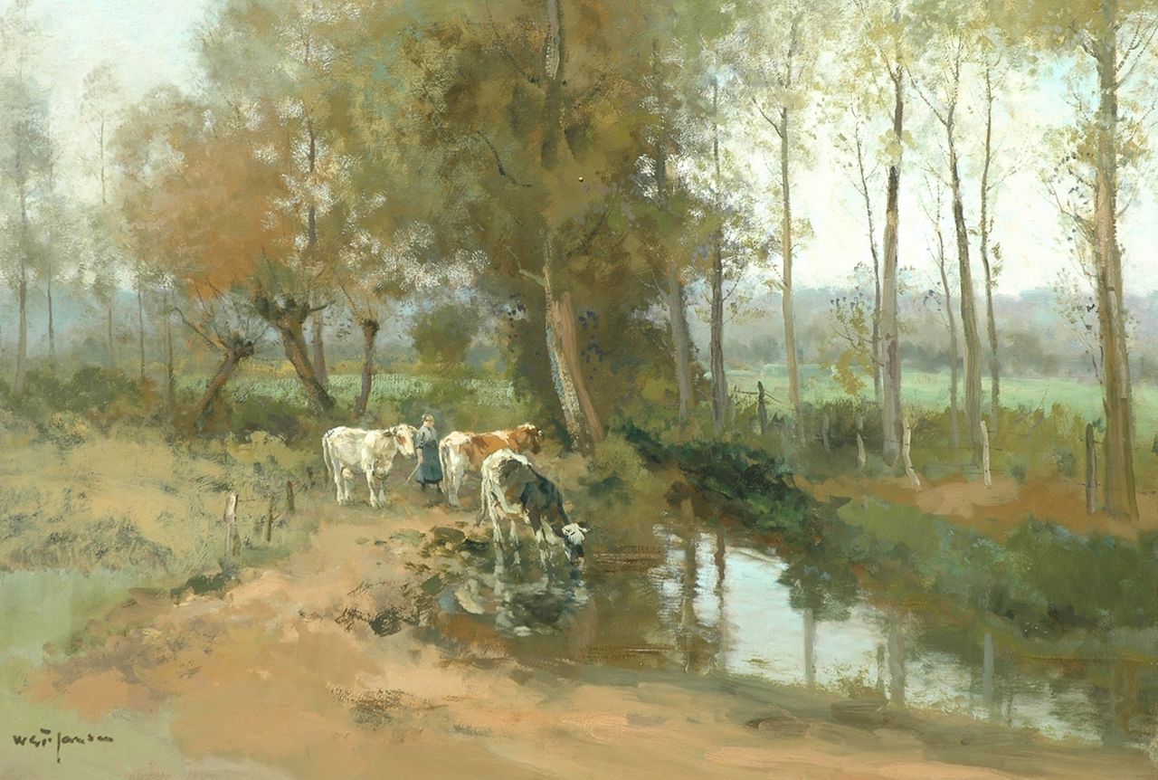 Jansen W.G.F.  | 'Willem' George Frederik Jansen, Watering cows in a wooded landscape, Öl auf Leinwand 82,2 x 117,8 cm, signed l.l.