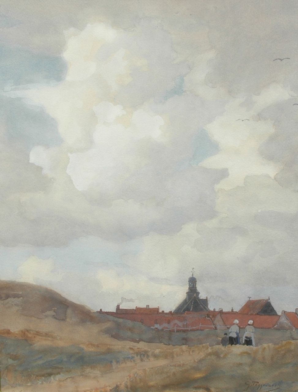 Poggenbeek G.J.H.  | George Jan Hendrik 'Geo' Poggenbeek, A dune landscape with fisherwomen returning home, Aquarell auf Papier 63,7 x 47,9 cm, signed l.r.