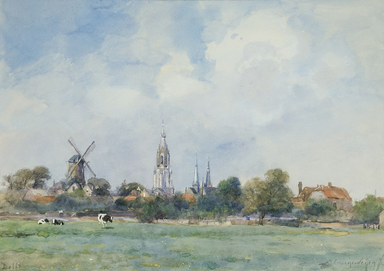 Groenewegen A.J.  | Adrianus Johannes Groenewegen, Blick auf Delft mit der Nieuwe Kerk, Aquarell auf Papier 24,5 x 34,5 cm, Unterzeichnet r.u.