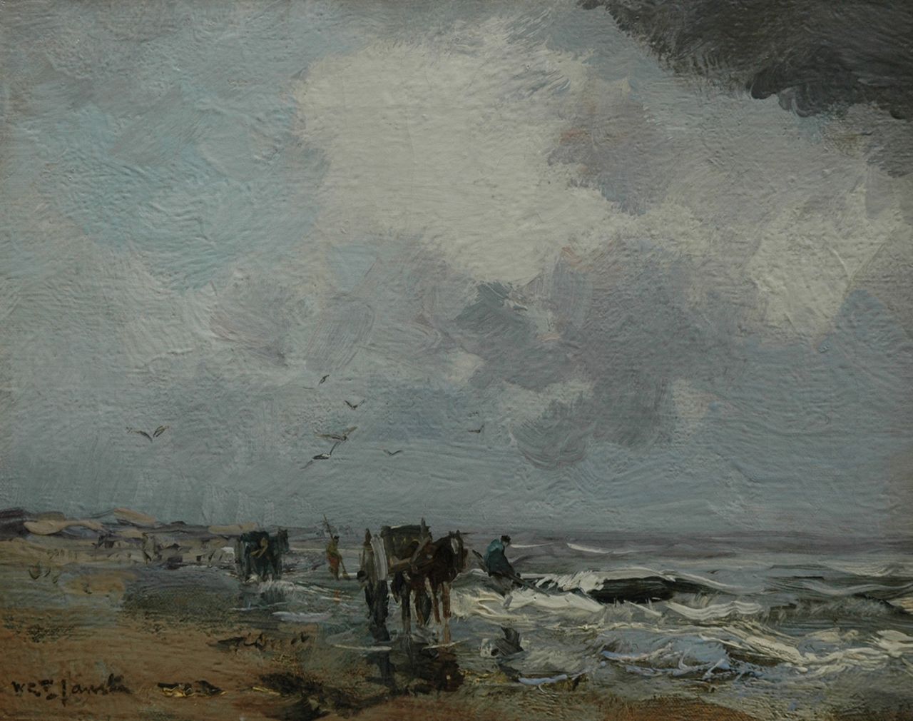 Jansen W.G.F.  | 'Willem' George Frederik Jansen, Shell fishermen on the beach, Öl auf Leinwand auf Holz 26,3 x 33,2 cm, signed l.l.