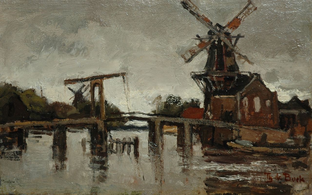 Bock T.E.A. de | Théophile Emile Achille de Bock, The Spaarne with the Catharijnebrug and windmill De Adriaan in Haarlem, Öl auf Leinwand  auf Holzfaser 23,1 x 36,2 cm, signed l.r.