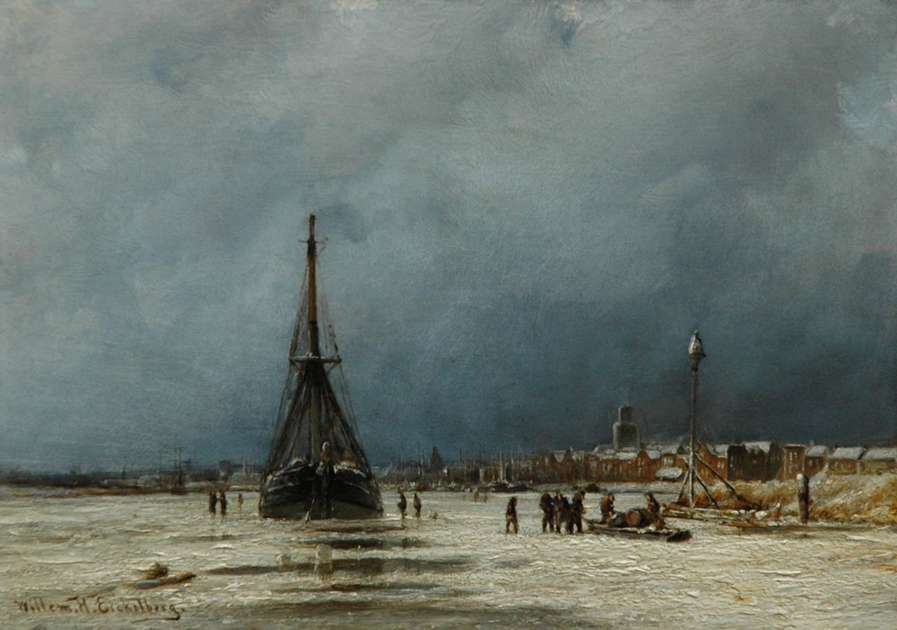 Eickelberg W.H.  | Willem Hendrik Eickelberg, A winter's day on the Maas near Rotterdam, Öl auf Holz 22,7 x 32,0 cm, signed l.l.