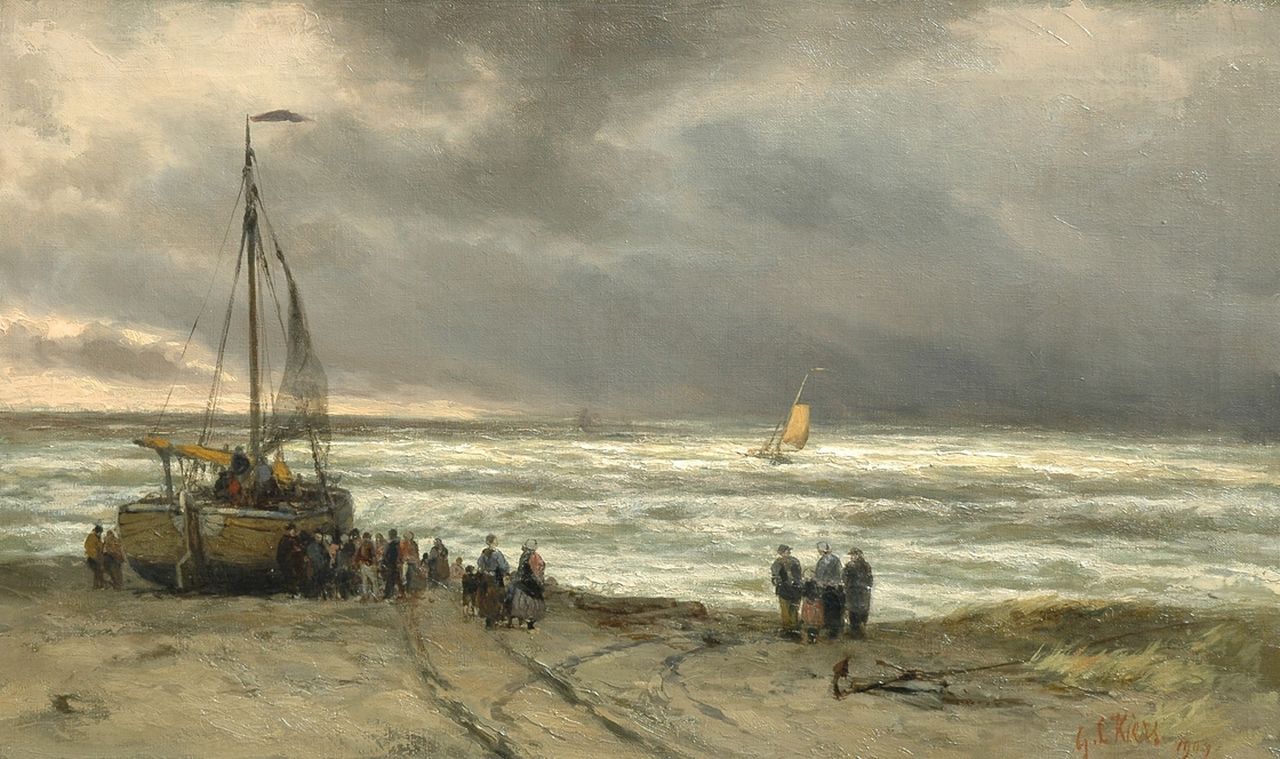 Kiers G.L.  | George Lourens Kiers, Fishervolk near a beached fishing boat, Öl auf Leinwand 38,3 x 64,2 cm, signed l.r. und dated 1909