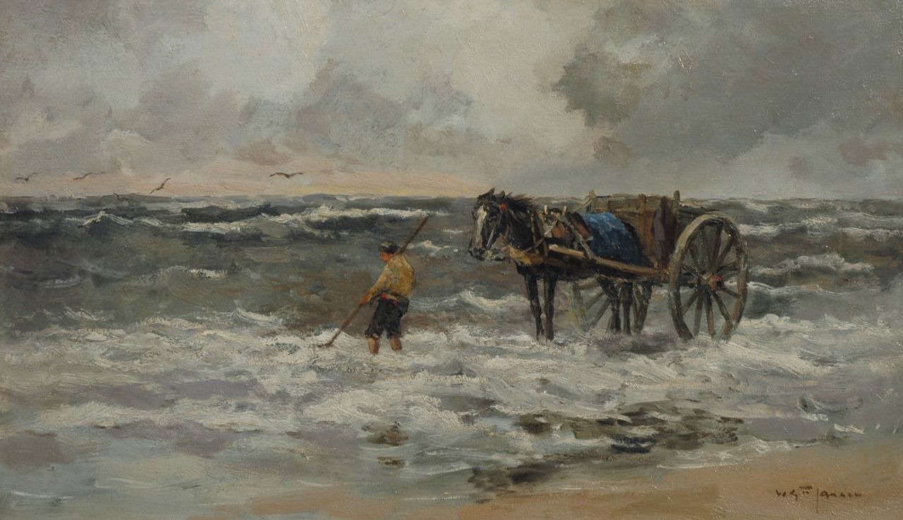 Jansen W.G.F.  | 'Willem' George Frederik Jansen, A shell fisher in the breakers, Öl auf Leinwand 58,8 x 100,1 cm, signed l.r.