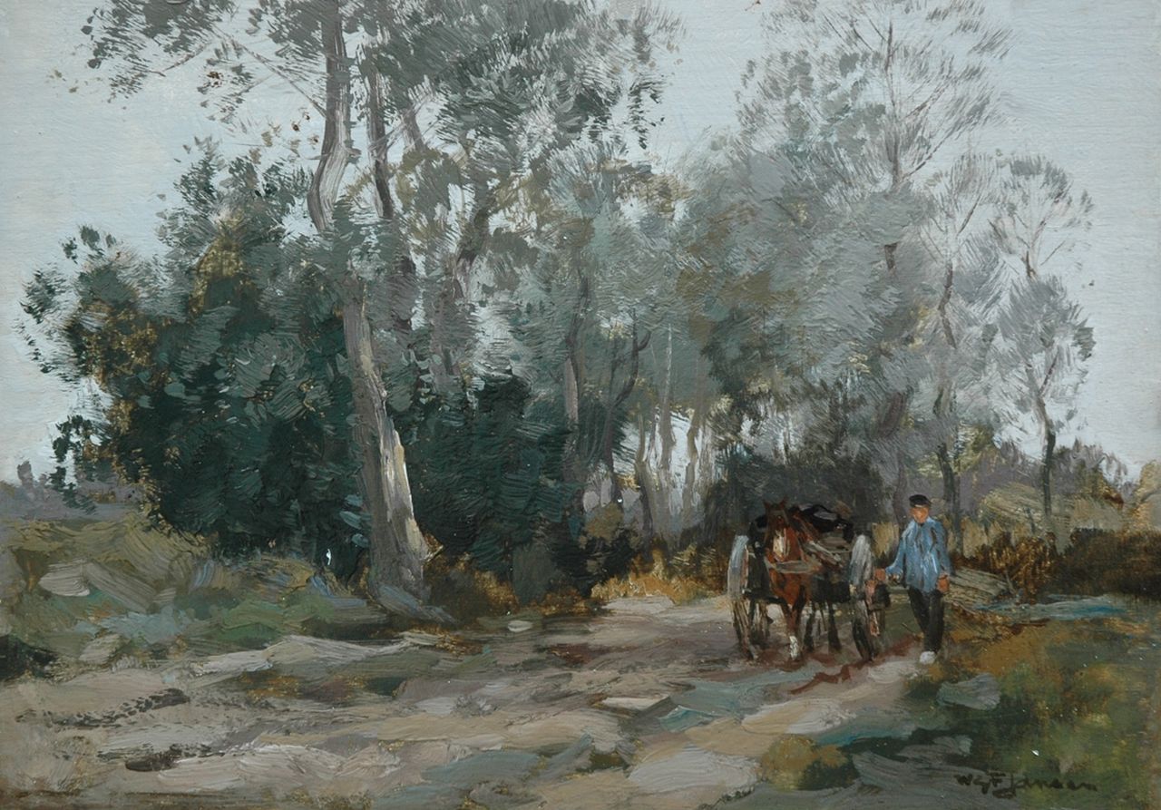 Jansen W.G.F.  | 'Willem' George Frederik Jansen, A horsedrawn cart on a country lane, Öl auf Holz 25,0 x 35,6 cm, signed l.r.