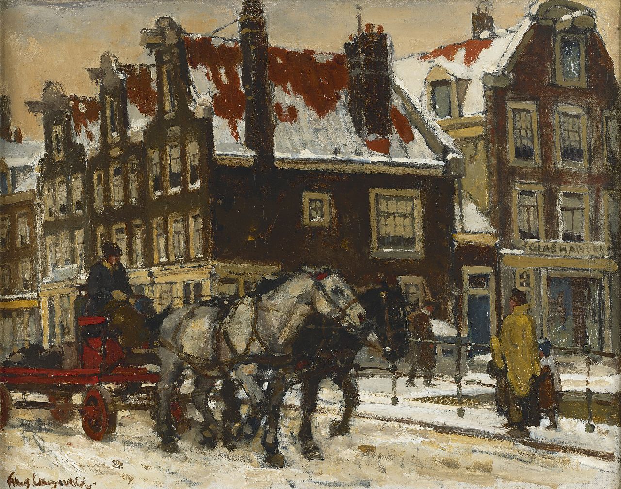 Langeveld F.A.  | Franciscus Arnoldus 'Frans' Langeveld, A horse drawn cart on a bridge in wintry Amsterdam, Öl auf Leinwand 37,8 x 47,5 cm, signed l.l.