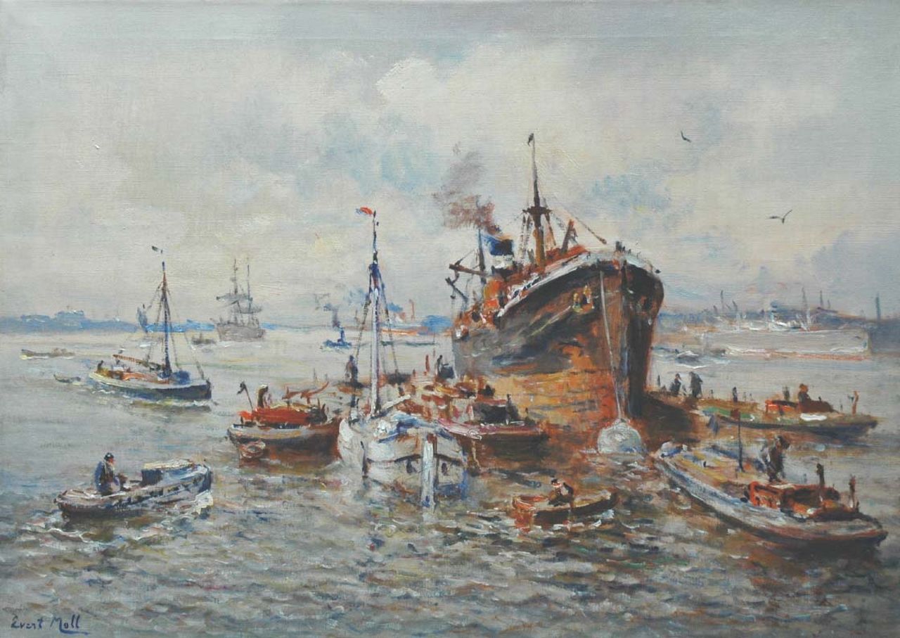 Moll E.  | Evert Moll, A steamer with towboats in the Rotterdam harbour, Öl auf Leinwand 50,4 x 69,8 cm, signed l.l.