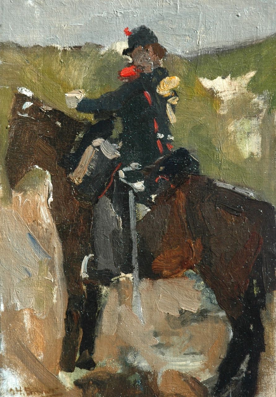 Breitner G.H.  | George Hendrik Breitner, A cavalrist on horseback, Öl auf Leinwand auf Holz 37,3 x 26,6 cm, signed l.l.