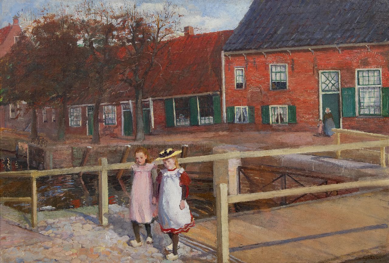 Koster J.P.C.A.  | Johanna Petronella Catharina Antoinetta 'Jo' Koster, Zwei Mädchen bei der Stadtgracht in Hasselt, Öl auf Leinwand 49,3 x 72,1 cm, Unterzeichnet u.r. und ca. 1901