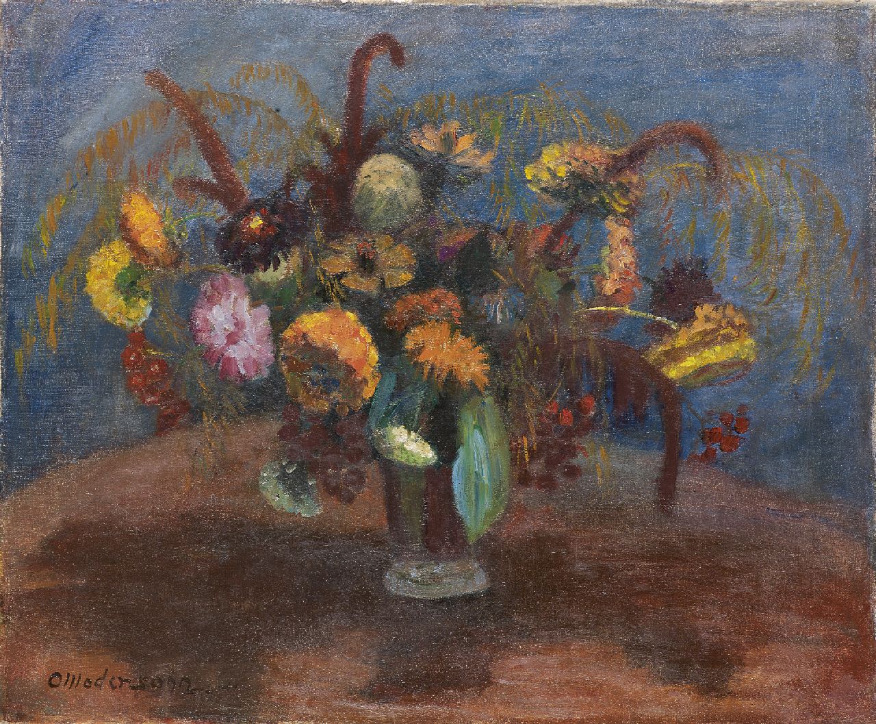 Otto Modersohn | Still life with flowers in electric light, Öl auf Leinwand, 50,9 x 61,2 cm, signed l.l. und dated '36
