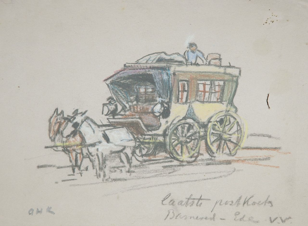 Koning A.H.  | 'Arnold' Hendrik Koning, The last stage-coach Barneveld - Ede, Farbkreide auf Papier 16,3 x 22,3 cm, signed l.l. with initials