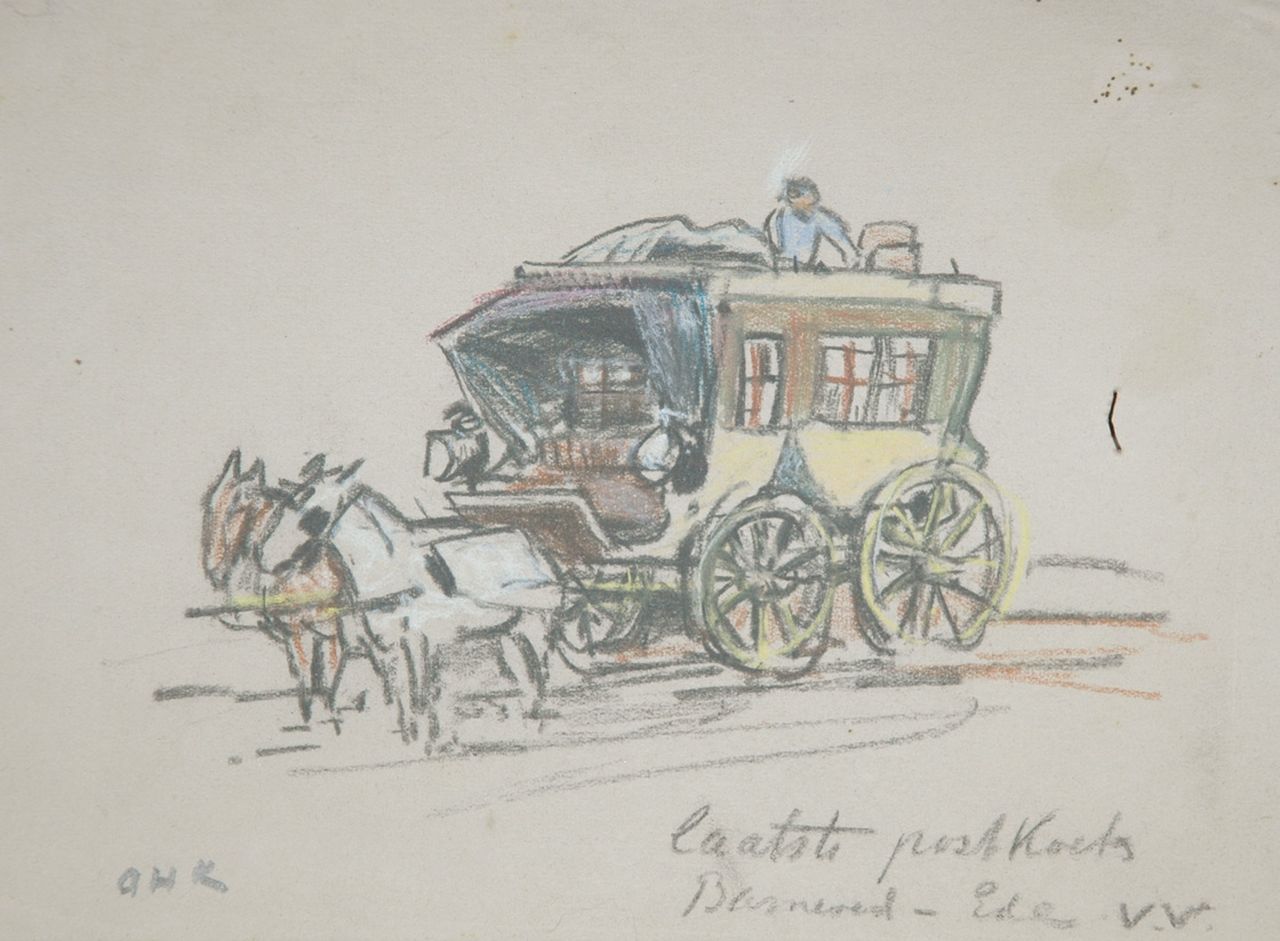 Koning A.H.  | 'Arnold' Hendrik Koning, The last stage-coach Barneveld - Ede, Farbkreide auf Papier 16,3 x 22,3 cm, signed l.l. with initials