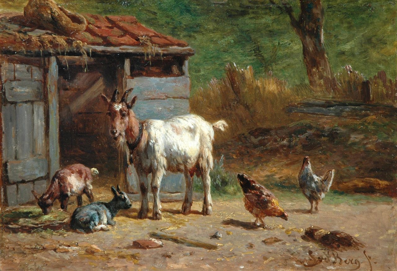 Berg S. van den | Simon van den Berg, Goats and chicken in a farmyard, Öl auf Holz 17,3 x 25,0 cm, signed l.r