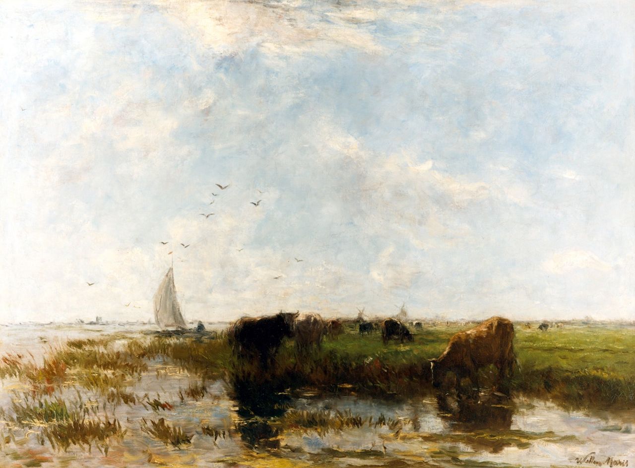 Maris W.  | Willem Maris, River view with cows grazing along the bank, Öl auf Leinwand 67,0 x 91,0 cm, signed l.r. und painted ca. 1875