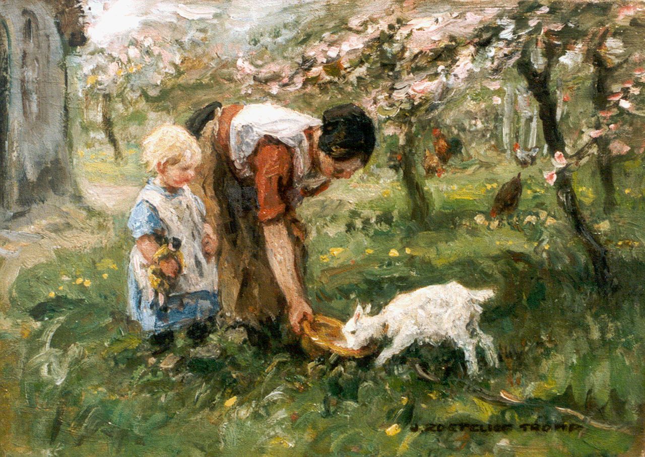 Zoetelief Tromp J.  | Johannes 'Jan' Zoetelief Tromp, Feeding the goat, Öl auf Leinwand 25,5 x 36,0 cm, signed l.r.