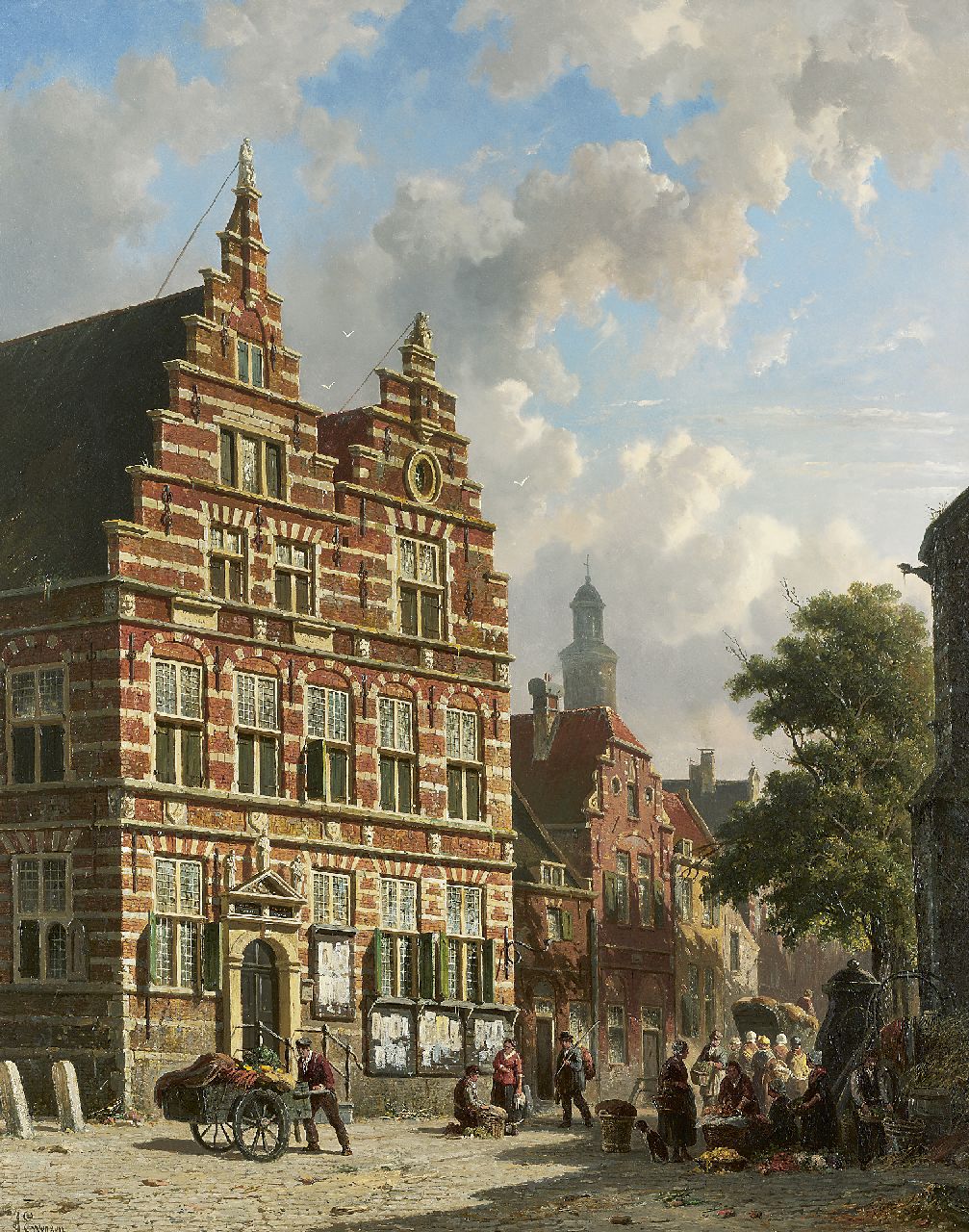 Eversen A.  | Adrianus Eversen, Vegetable dealers in front of the old townhall of Naarden, Öl auf Holz 66,8 x 53,0 cm, signed l.l. and on label on the reverse, monogram l.r.