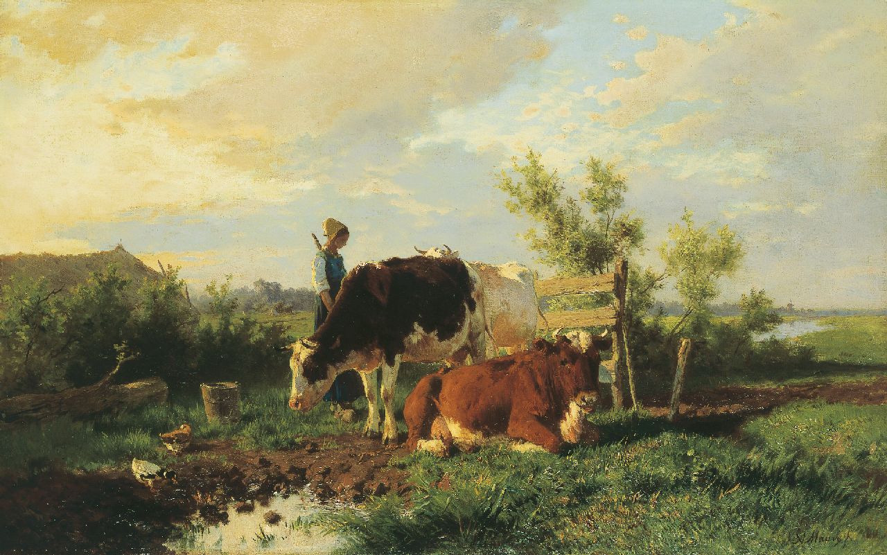 Mauve A.  | Anthonij 'Anton' Mauve, Milking-time, Öl auf Leinwand 51,4 x 82,0 cm, signed l.r. und painted circa 1862-1864