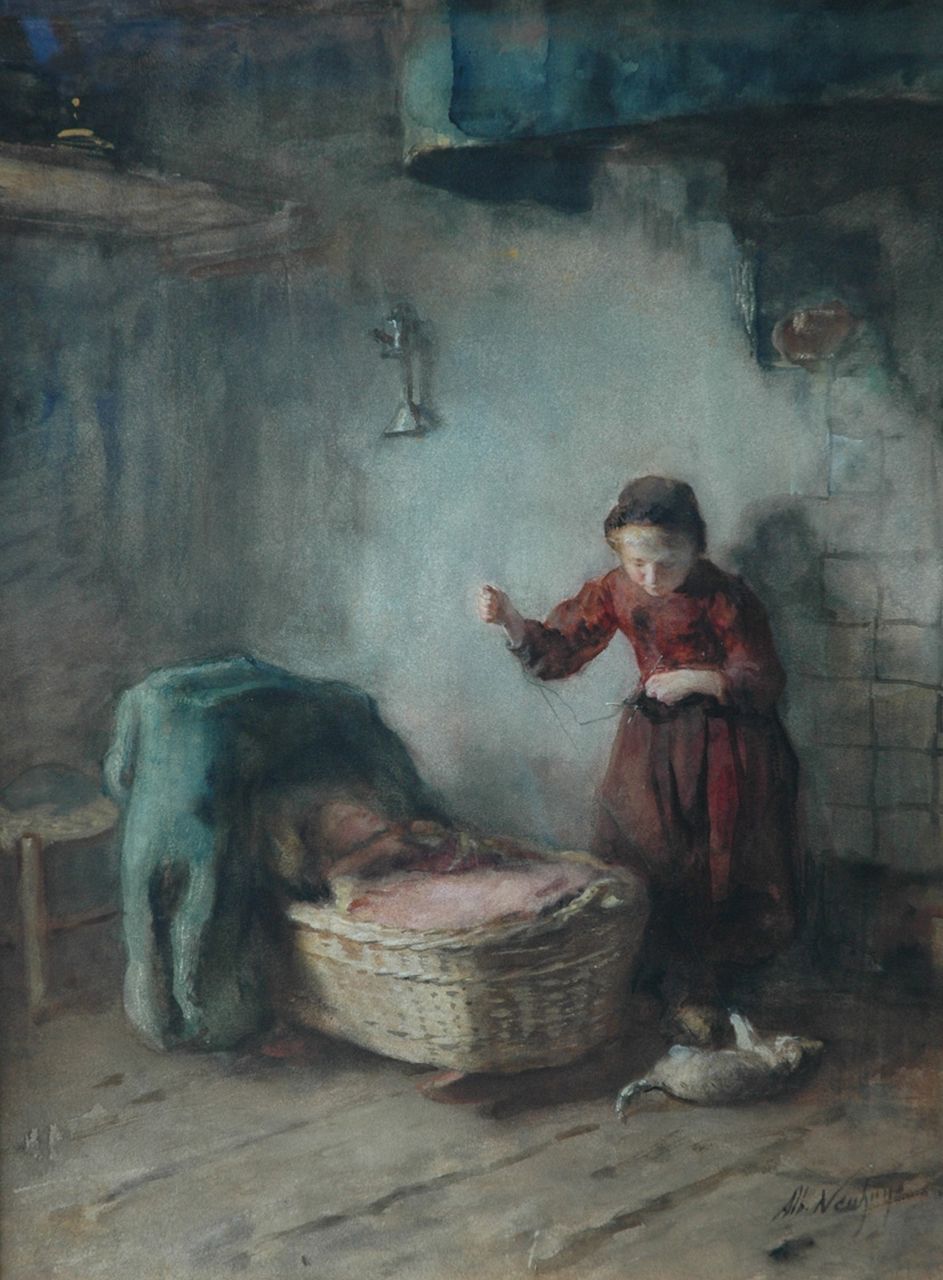 Neuhuys J.A.  | Johannes 'Albert' Neuhuys, A knitting girl beside a cradle, Aquarell auf Papier 57,5 x 43,0 cm, signed l.r.