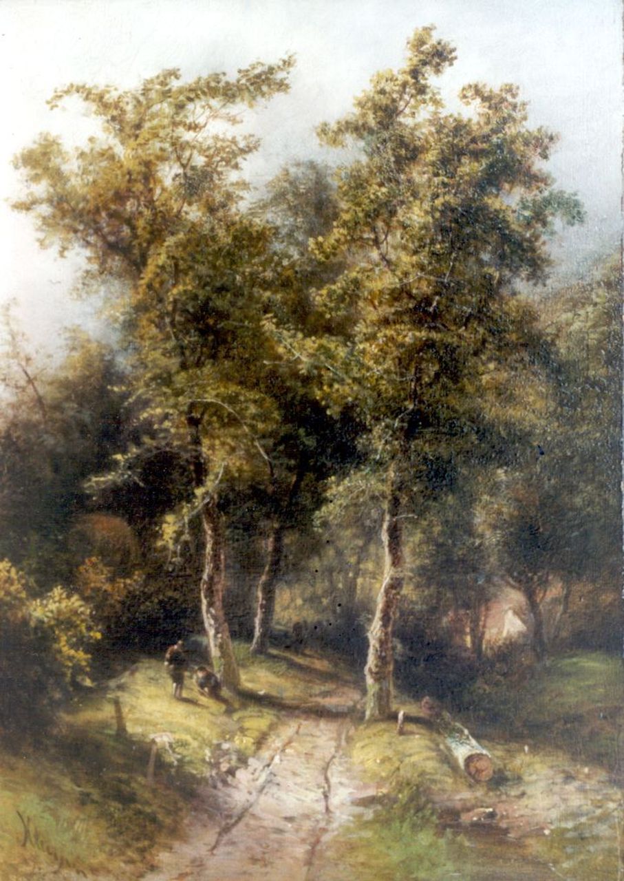 Kluyver P.L.F.  | 'Pieter' Lodewijk Francisco Kluyver, Figures near a wooded path, Öl auf Holz 34,8 x 24,8 cm, signed l.l.