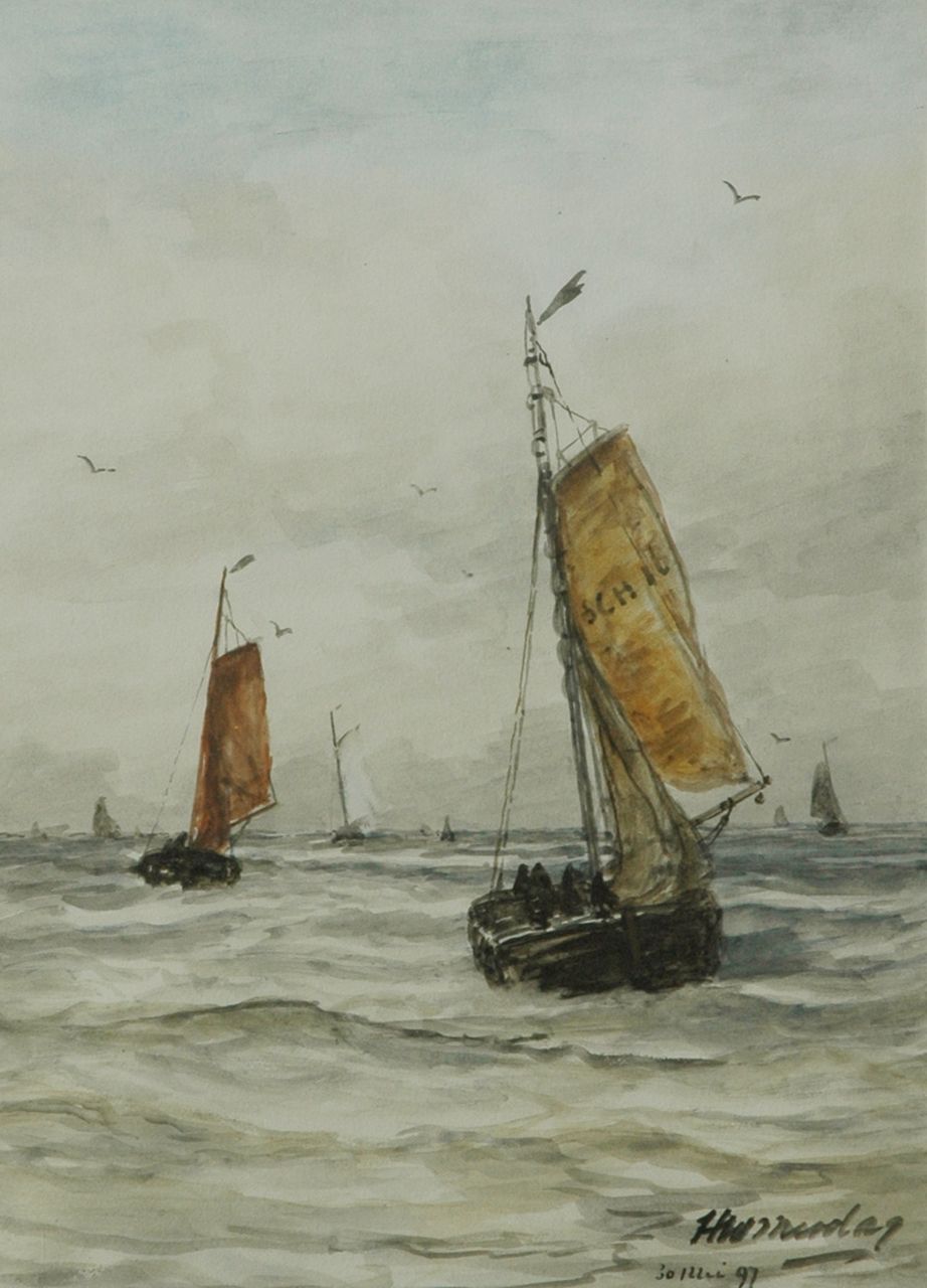 Mesdag H.W.  | Hendrik Willem Mesdag, Fishing boats at sea, Aquarell auf Papier 35,8 x 25,3 cm, signed l.r. und 30 mei 97