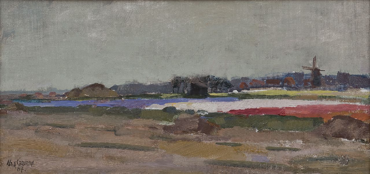 Grovers H.  | Han Grovers, Landschaft mit Blumenzwiebelfeldern und Mühle, Öl auf Leinwand auf Holz 23,3 x 48,8 cm, Unterzeichnet 'Han G( r)overs' l.u. und datiert '37