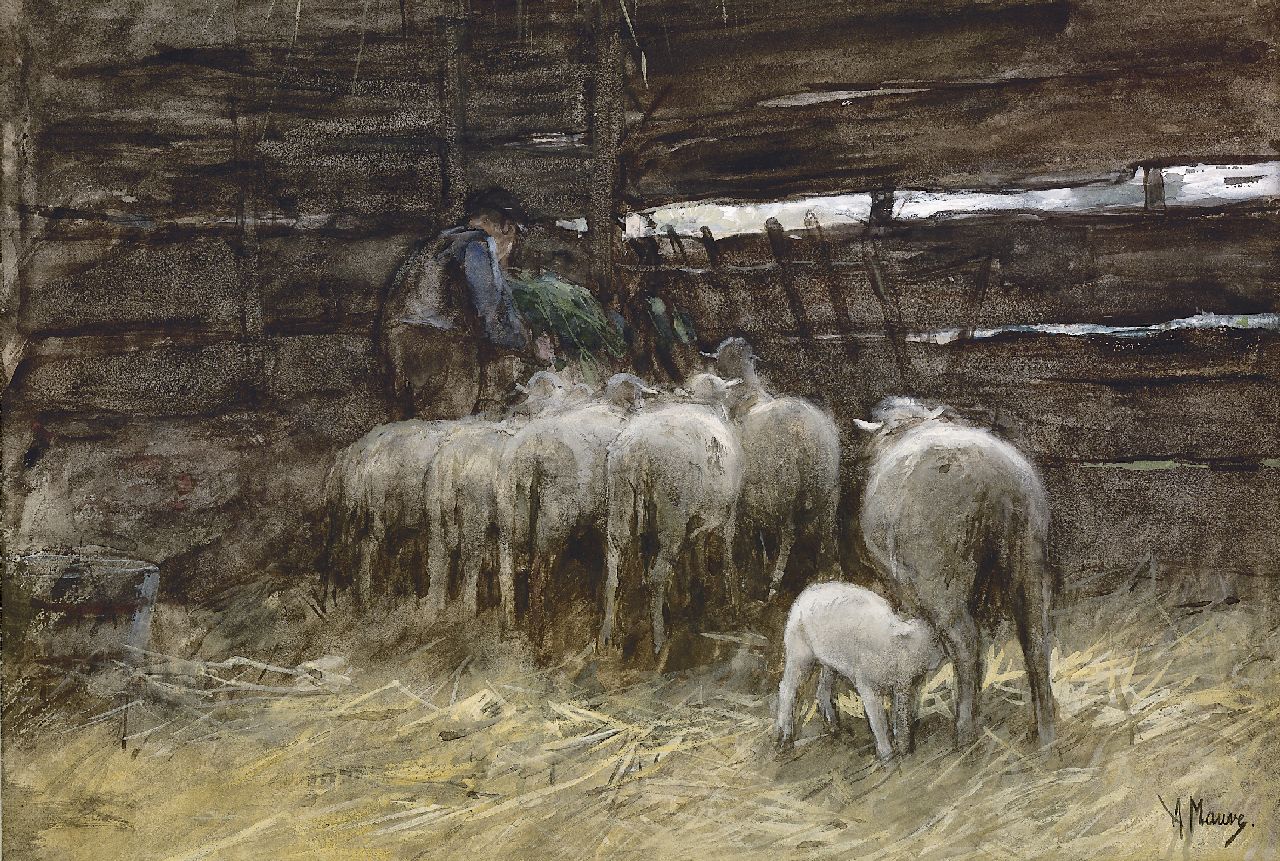 Mauve A.  | Anthonij 'Anton' Mauve, The sheep fold, Aquarell und Gouache auf Papier 33,0 x 47,0 cm, signed l.r.