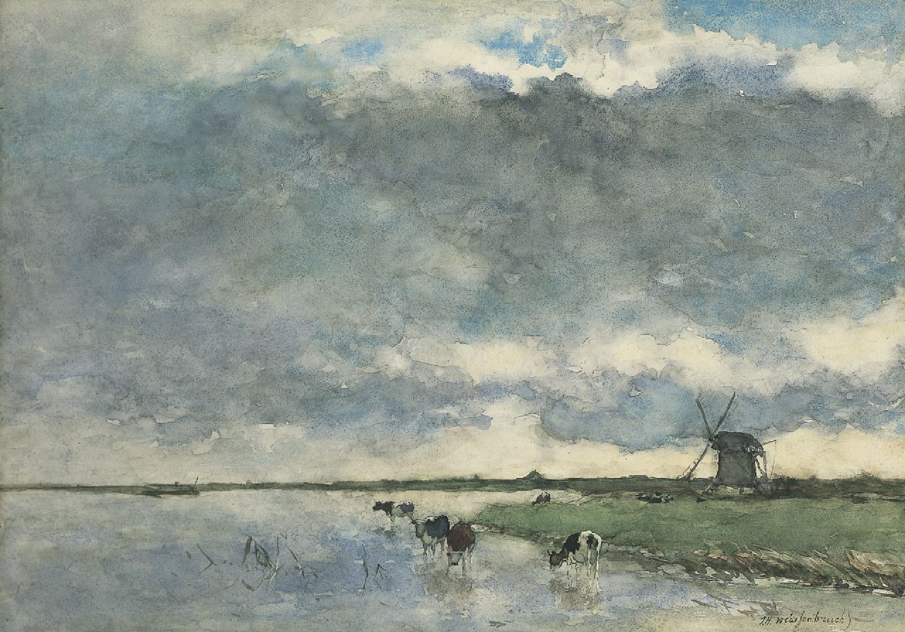 Weissenbruch H.J.  | Hendrik Johannes 'J.H.' Weissenbruch, Polder landscape with windmills and cattle, Aquarell auf Papier 38,7 x 54,6 cm, signed l.r.