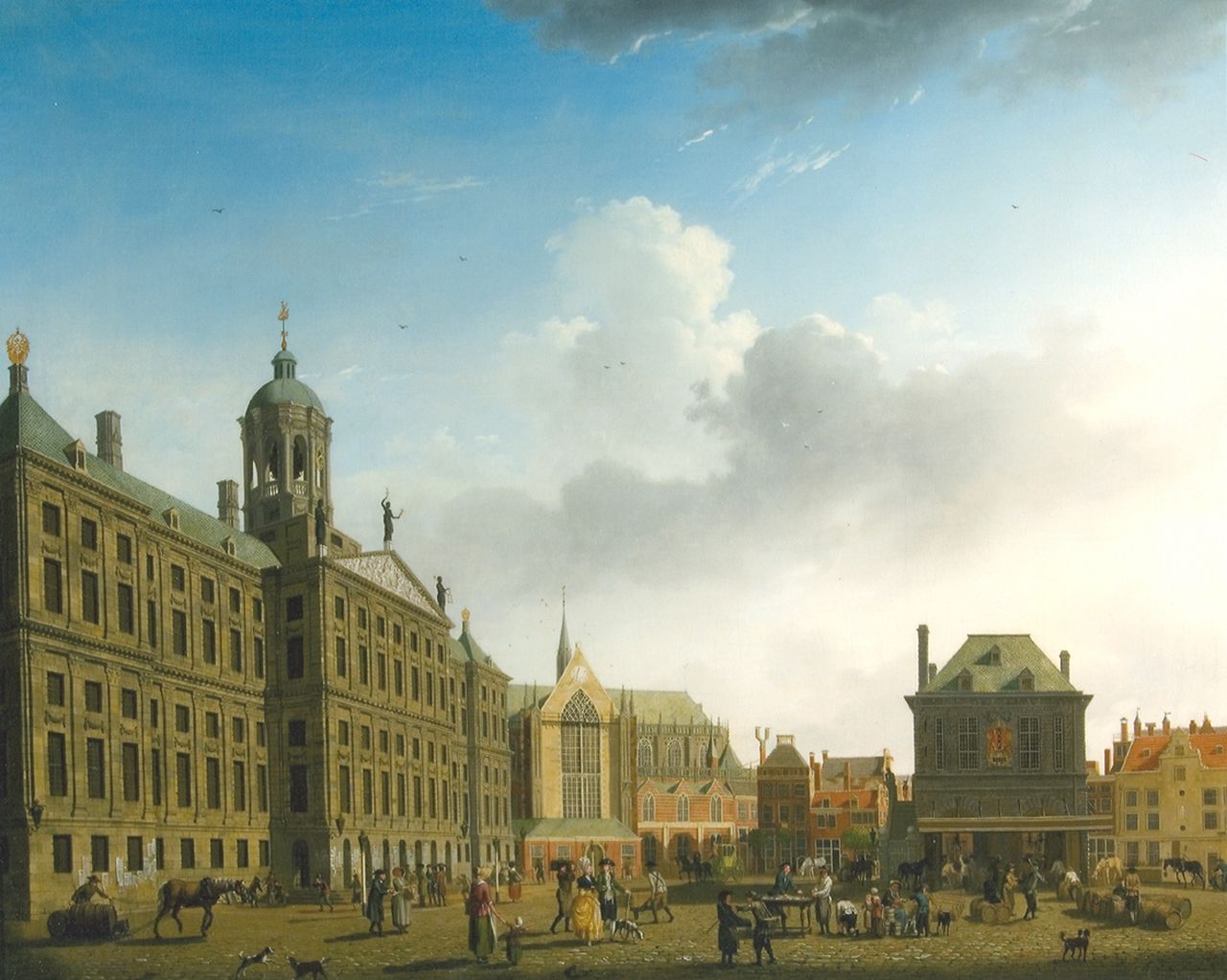 Ouwater I.  | Isaac Ouwater, Der Dam in Amsterdam mit dem Rathaus und der Waag, Öl auf Leinwand 61,6 x 77,8 cm, Unterzeichnet u.r. und datiert 1782