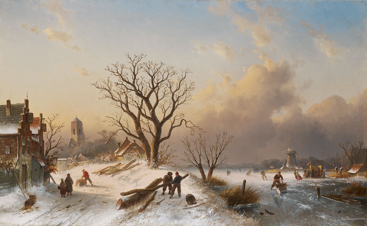Leickert C.H.J.  | 'Charles' Henri Joseph Leickert, Dutch winter landscape with skaters on the ice, Öl auf Leinwand 62,0 x 101,0 cm, signed l.r. und painted circa 1860-1865