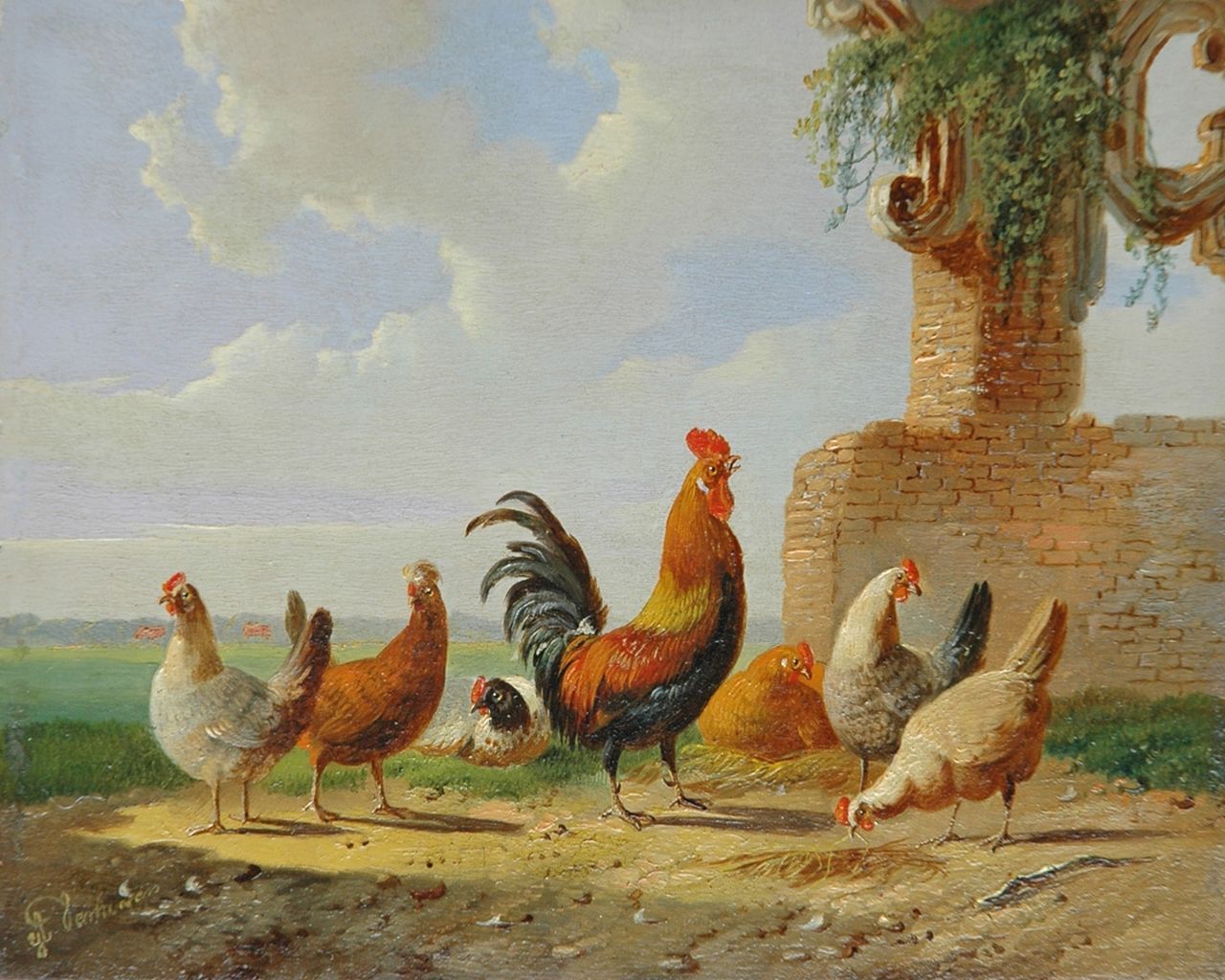 Verhoesen A.  | Albertus Verhoesen, A cock and his fowls in a summer landscape, Öl auf Holz 13,6 x 17,0 cm, signed l.l.