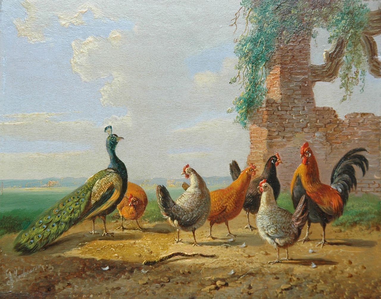 Verhoesen A.  | Albertus Verhoesen, A peacock, cock and his fowls in a summer landscape, Öl auf Holz 13,6 x 16,9 cm, signed l.l.
