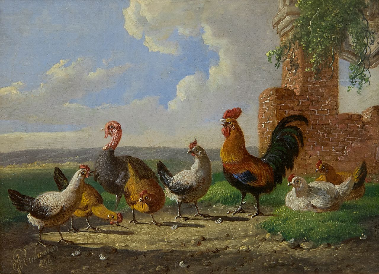 Verhoesen A.  | Albertus Verhoesen, Ein Truthuhn, Hahn und Hühner in einer Landschaft, Öl auf Holz 13,0 x 17,6 cm, Unterzeichnet l.u. und datiert 1874