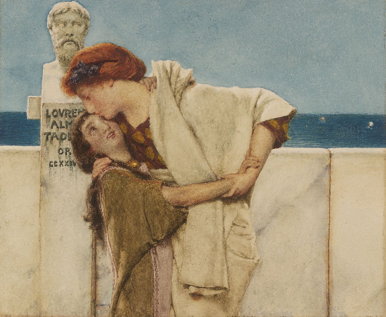 Alma Tadema L.  | Lourens Alma Tadema, The kiss welcome, Feder und Tinte und Aquarell auf Papier 10,7 x 13,1 cm, signed c.l. on the statue und zu datieren 1881