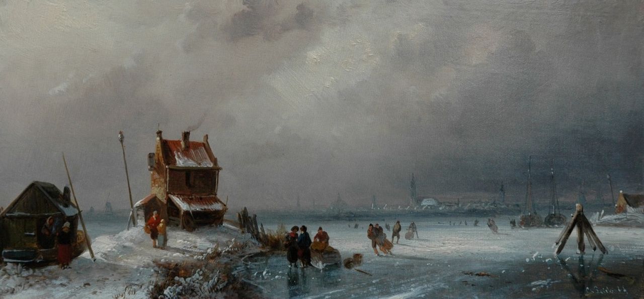 Leickert C.H.J.  | 'Charles' Henri Joseph Leickert, Skaters on a cloudy winter's day, Öl auf Holz 14,4 x 30,4 cm, signed l.r.