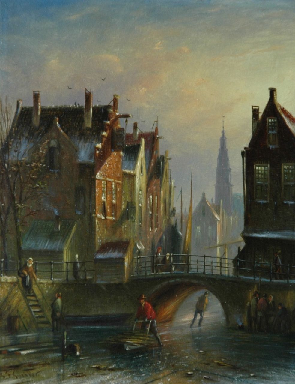 Spohler J.F.  | Johannes Franciscus Spohler, Figures on a Dutch canal in winter, Öl auf Holz 20,5 x 16,0 cm, signed l.l.