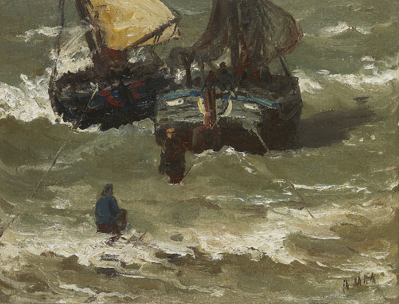 Mesdag H.W.  | Hendrik Willem Mesdag, Two bomschuiten in the surf, Öl auf Leinwand auf Holz 29,2 x 38,5 cm, signed l.r. with initials