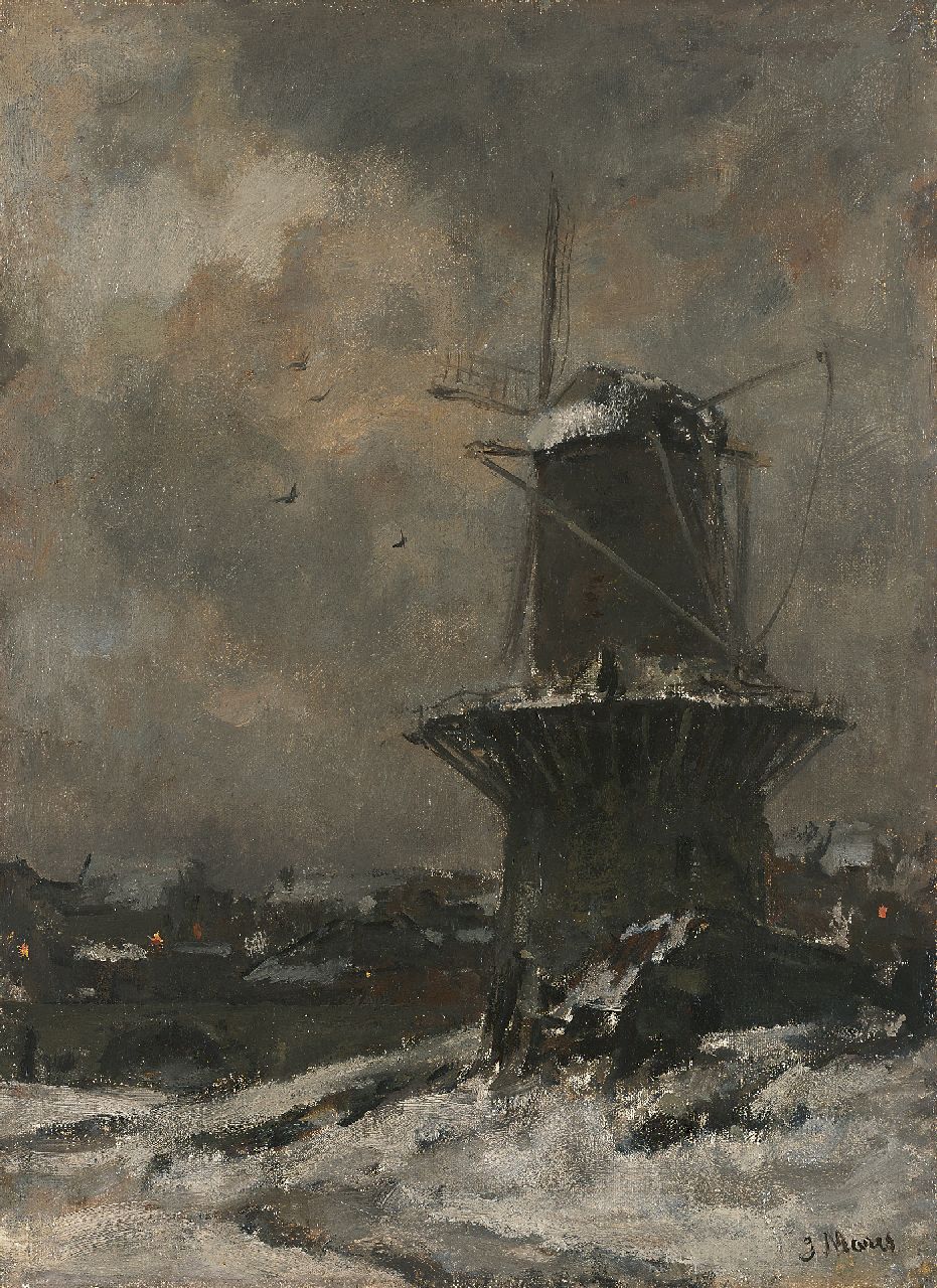 Maris J.H.  | Jacobus Hendricus 'Jacob' Maris, A windmill in the snow, Öl auf Leinwand 47,4 x 35,2 cm, signed l.r.