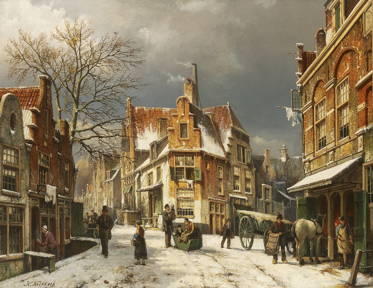 Koekkoek W.  | Willem Koekkoek, A busy day in winter in Enkhuizen, Öl auf Leinwand 54,3 x 69,6 cm, signed l.l. und dated 13 januari 1892 on label on stretcher